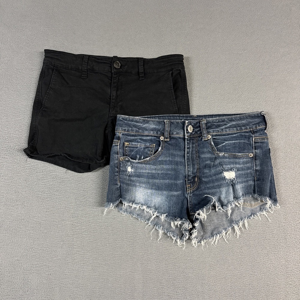 American Eagle Shorts Lot Bundle Womens 8 Blue Black Midi Cut Off Stretch Denim